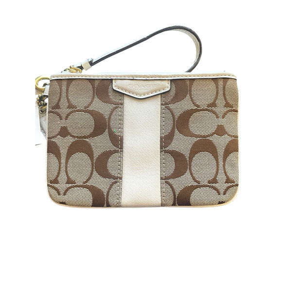 COACH Khaki/Ivory Signature C Canvas Leather Trim Gold Zip Wristlet Hang Tag NWT - Picture 2 of 8